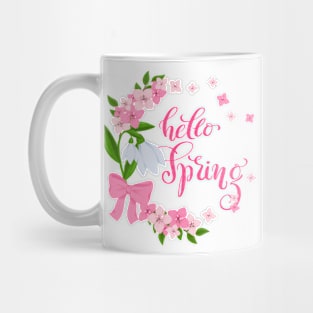 Spring wreath with snowdrops and cherry blossom and calligraphy "Hello Spring" Mug